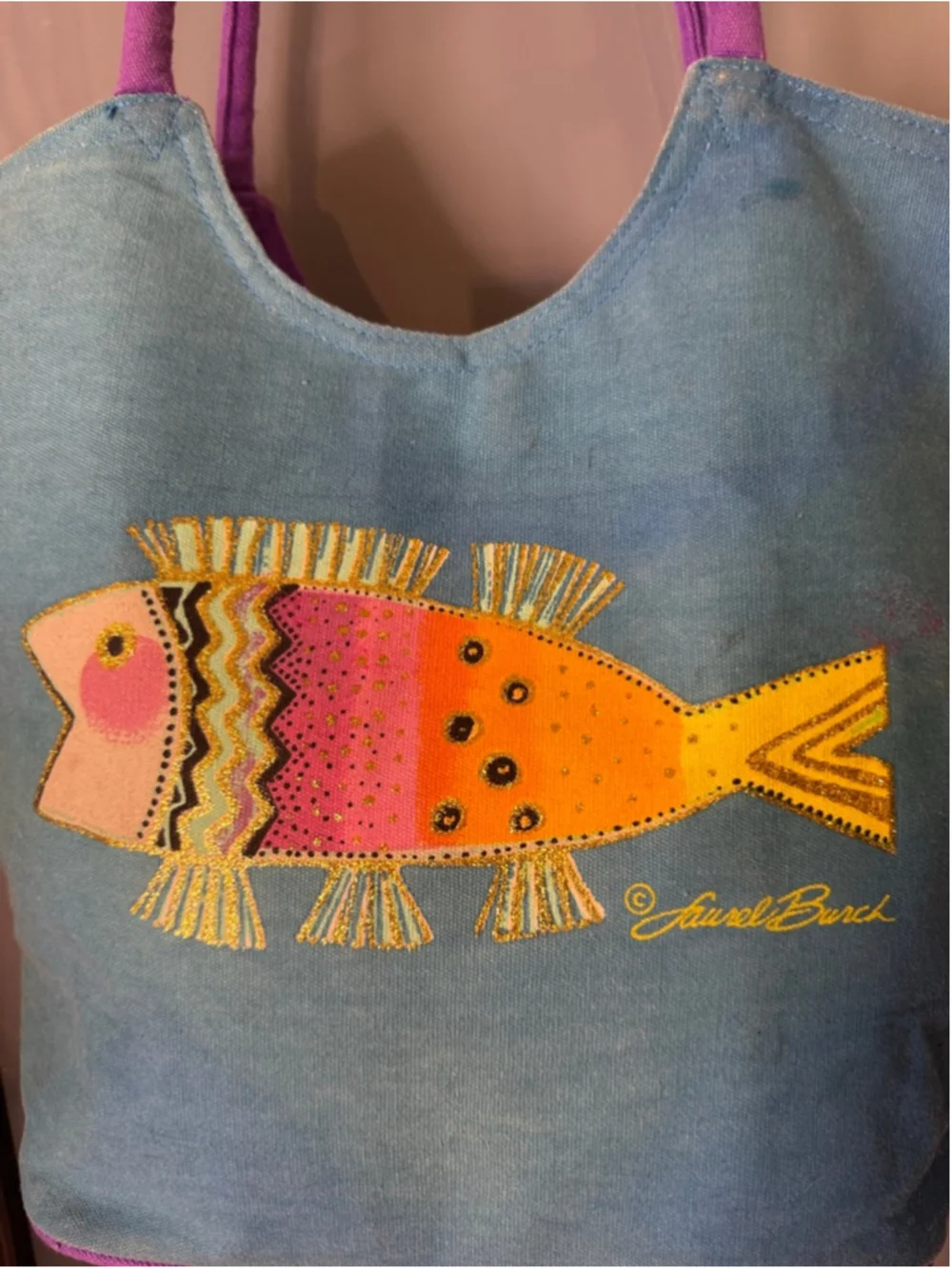 Laurel Burch Blue Purple Fish Art Tote Bag One Size
